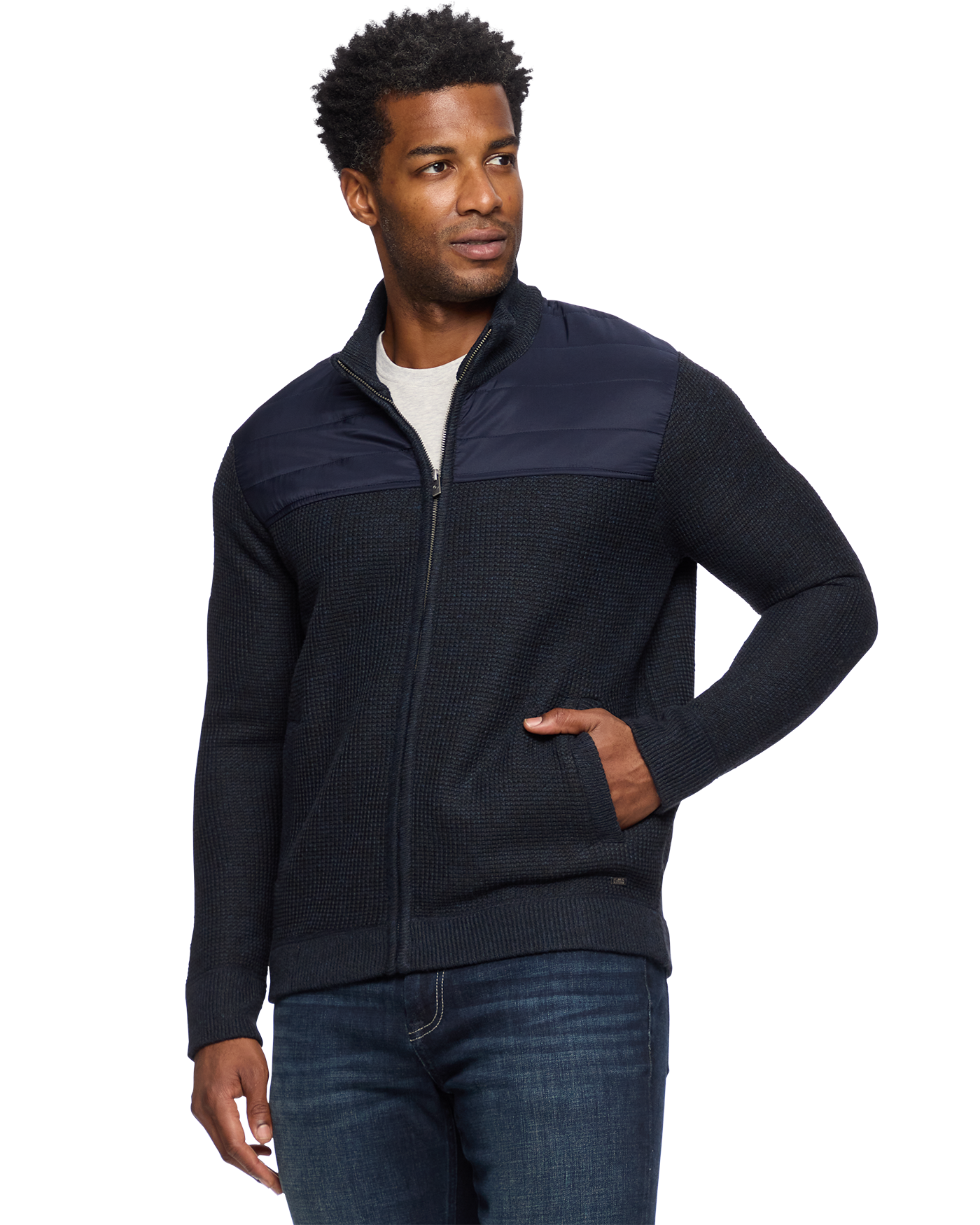 RHINELAND FLEECE-LINED MIXED MEDIA FULL-ZIP SWEATER